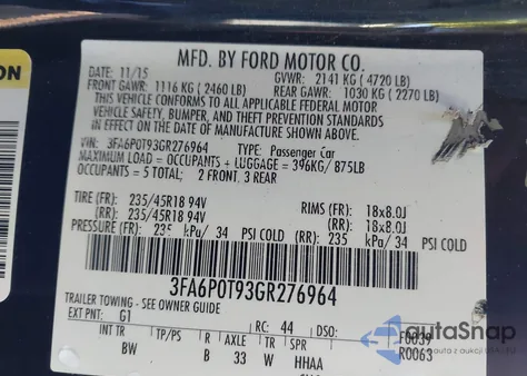 2016 Ford Fusion Se из США, поврежденный, VIN 3FA6P0T98GRZ76964